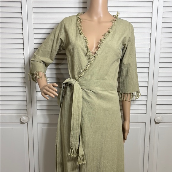 Chintamani Wrap Boho Cotton Dress with Fringe Sage Green Small - Picture 6 of 16